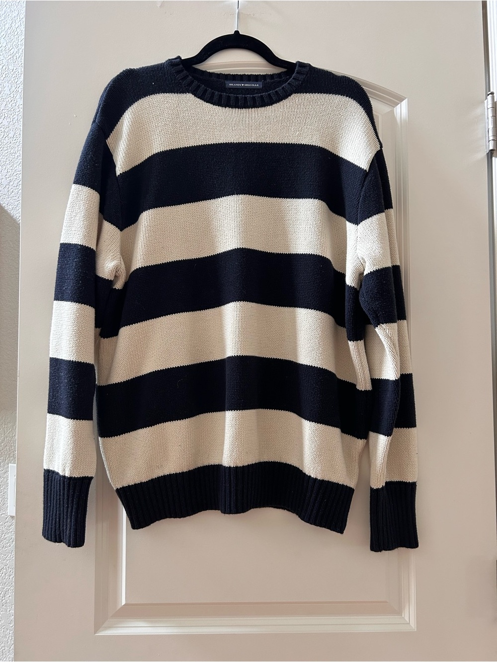 Brandy Melville Brianna Sweater. 100% Cotton Cream and Navy Striped Crewneck. OS - Picture 2 of 8